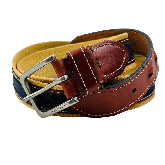 Mens 38 Tommy Hilfiger Ribbon Inlay Belt Harness Buckle Khaki Brown‎ Navy - Picture 1 of 10